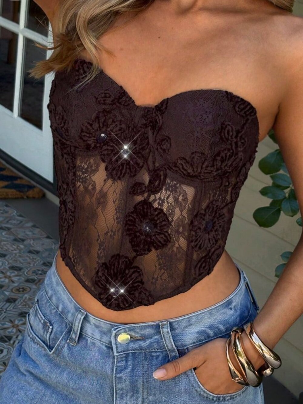 Mocha Brown Elegant Women's Floral Lace Top with Beaded 3D Detail